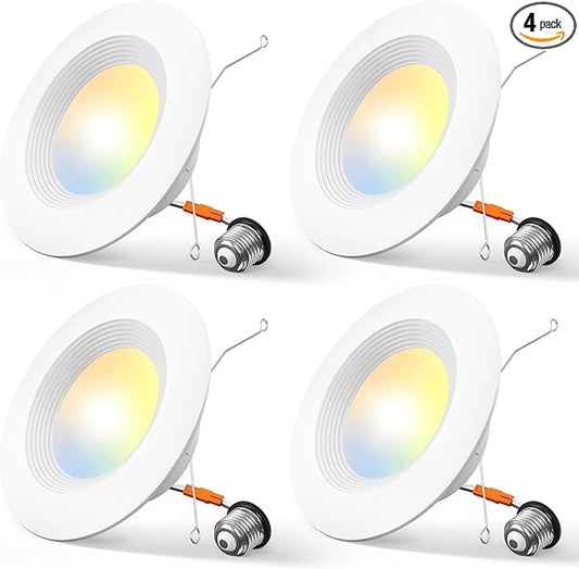 Amico 4 Pack 5/6 inch 5CCT LED Recessed Lighting, Dimmable, 12.5W=100W, 950LM, 2700K/3000K/4000K/5000K/6000K Selectable, Retrofit Can Lights with Baffle Trim, IC Rated - ETL & FCC, White