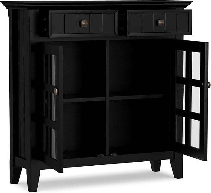 SIMPLIHOME Acadian Storage Cabinet - 36 inch Wide Solid Wood Entryway Storage Cabinet in Black, Transitional Cabinet for Hallway or Living Room with 2 Drawers and Adjustable Shelves
