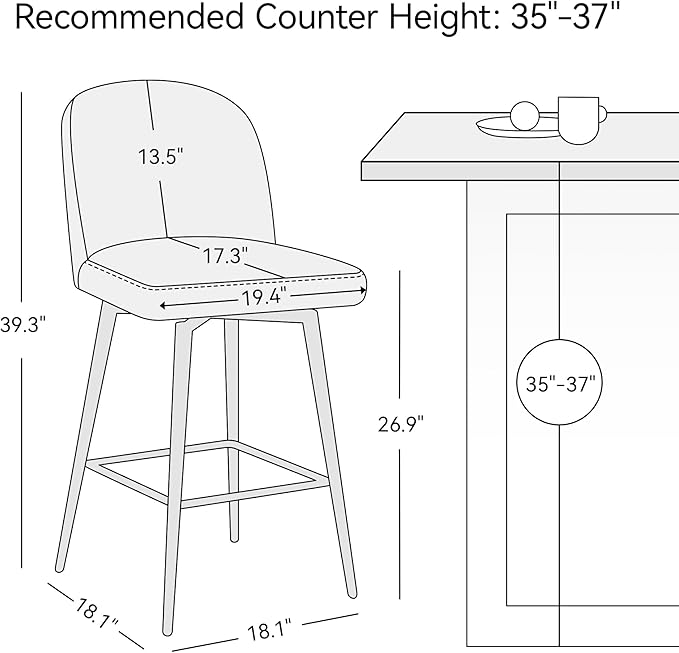 Swivel Bar Stools Set of 2, 26 Inch Faux Leather Counter Height Barstools with Back and Metal Frame, Upholstered Counter Stools for Kitchen Island, Dining Room, Pub, Saddle Brown