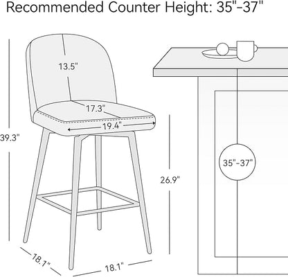 Swivel Bar Stools Set of 2, 26 Inch Faux Leather Counter Height Barstools with Back and Metal Frame, Upholstered Counter Stools for Kitchen Island, Dining Room, Pub, Saddle Brown