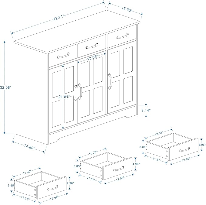 RASOO Sideboard Buffet Cabinet White Field Door Panel Kitchen Side Board Cabinet with Storage 3 Doors and 3 Drawers for Living Room, Kitchen (Grid Doors)