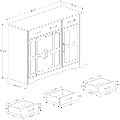 RASOO Sideboard Buffet Cabinet White Field Door Panel Kitchen Side Board Cabinet with Storage 3 Doors and 3 Drawers for Living Room, Kitchen (Grid Doors)
