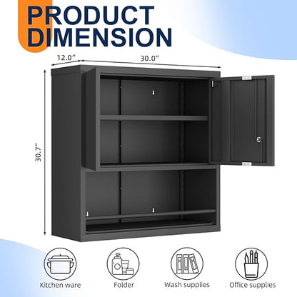 IRONFFICE Garage Storage Cabinets,Metal Wall Cabinet with Doors and Shelves,Locking Storage Cabinet for Workshop,Warehouse,Home Office,Black