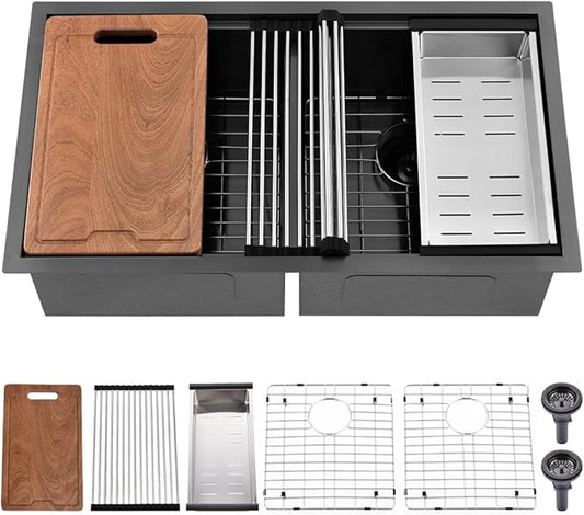 33 Inch Black Double Bowl Undermount Kitchen Sink Workstation-Bokaiya 33x19 Kitchen Sink Undermount 50/50 Double Bowl Sink 16 Gauge Black Stainless Steel Double Basin with Cutting Board