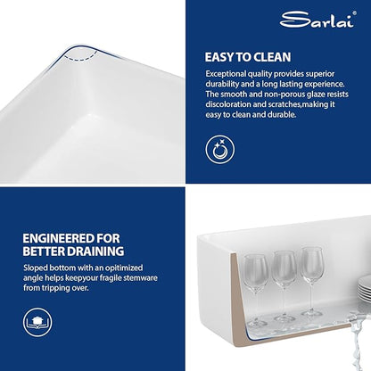 Sarlai 33 White Farmhouse Sink - 33x20 Inch Kitchen Sink Apron Front Ceramic Porcelain Vitreous Fireclay Single Bowl Farmer Sinks Basin