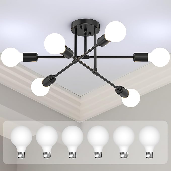 Modern Sputnik Chandelier Ceiling Light Fixtures, 6-Lights 22” Mid Century Industrial Metal Semi Flush Mount for Dining Room, Bedroom, Living Room, 6 Globe Bulbs