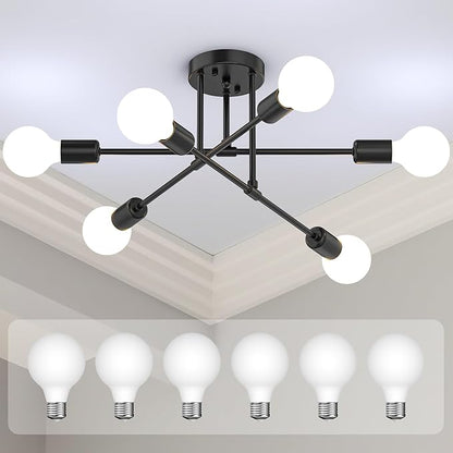 Modern Sputnik Chandelier Ceiling Light Fixtures, 6-Lights 22” Mid Century Industrial Metal Semi Flush Mount for Dining Room, Bedroom, Living Room, 6 Globe Bulbs