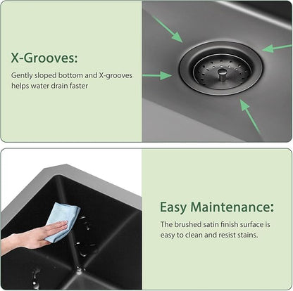 Black Undermount Kitchen Sink 33 Inch - Couoko Gunmetal Black 16 Gauge T304 Stainless Steel Single Bowl Undermount Sinks NANO PVD Large Deep Handmade Round Corner Sinks Basin 33"x19"x9"