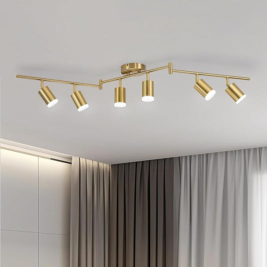Bojim 6 Light Gold Track Lighting Kit, Modern LED Track Lighting Fixtures Ceiling, Flexibly Rotatable LED Light Head with Acrylic Ring, Kitchen Ceiling Spot Light(GU10 Socket, Bulbs Not Included)