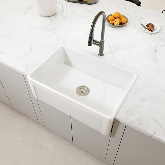 30 Inch White Farmhouse Sink Apron Front Ceramic Porcelain Fireclay Single Bowl Sink Large Deep Farm Kitchen Sinks 30" x 20" x10"
