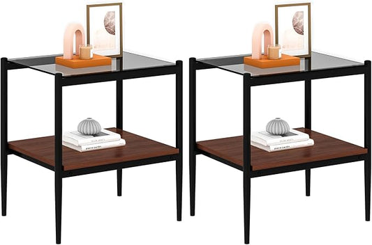 Set of 2 Glass End Table, 2-Layer Glass Living Room Table, Modern Tea Table Side Tables for Home Office Furniture