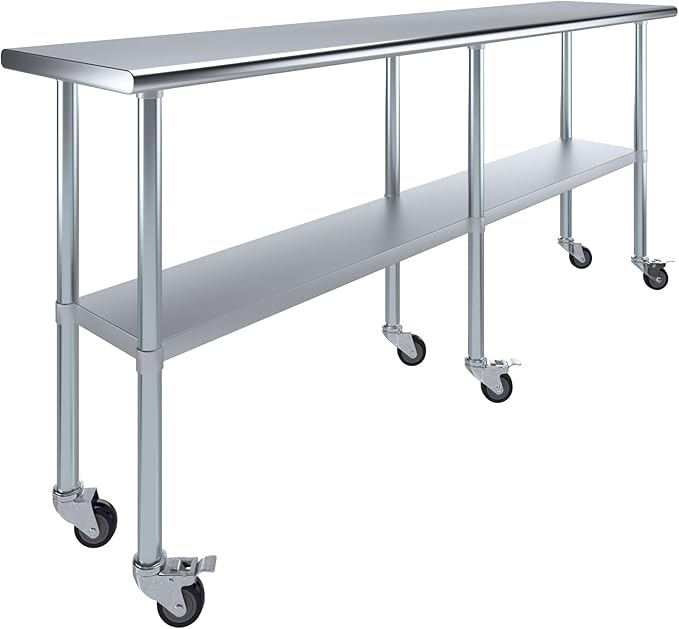 Stainless Steel Work Table with Wheels | NSF Kitchen Island Food Prep | Laundry Garage Utility Bench (Table + Wheels, 84" Long x 18" Deep)