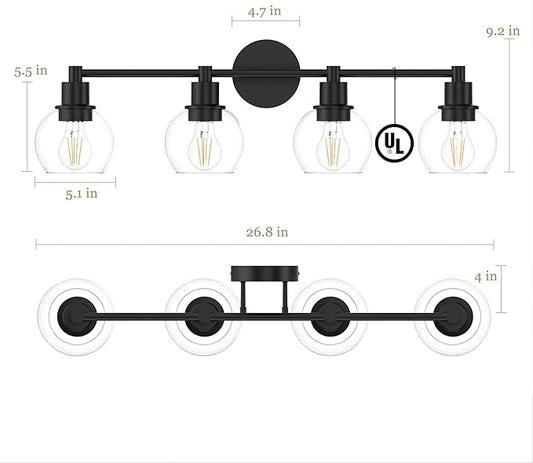 Espird 4 Lights Bathroom Vanity Light Fixtures Black, Bathroom Lights Over Mirror, Industrial and Farmhouse 4 Lights Wall Sconce, Matte Black Globe Vanity Lighting Fixtures