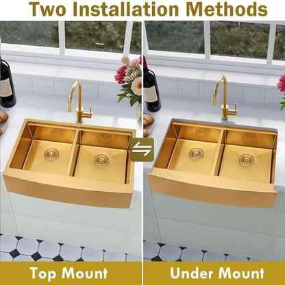 33 Inch Gold Farmhouse Sink Undermount Double Bowl, 16 Gauge 50/50 Stainless Steel Apron Front Workstation Far Sink, 33"x20"x10" Large and Deep Kitchen Sink With Accessories