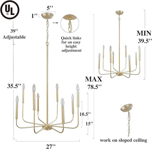 KSANA Gold Chandelier, Modern Light Fixture for Bedroom, Foyer, Dining & Living Room, Kitchen, and Entryway, (Upgraded Version, 2 Types of Height 8 Arms)