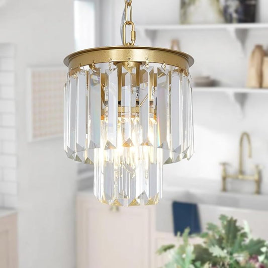 Small Gold Crystal Chandeliers for Kitchen Island Small Pendant Light Mini Contemporary Ceiling Pendant Light Fixture for Dining Room, Bedroom, Entryway 8 Inches