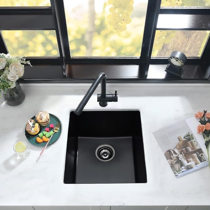 Black Bar Sink Undermount-iAnomla 12x15 Small Kitchen Sink Black Quartz Composite Wet Bar Prep Sinks Deep Single Bowl Outdoor Rv Kitchen Sinks with Bottom Grid