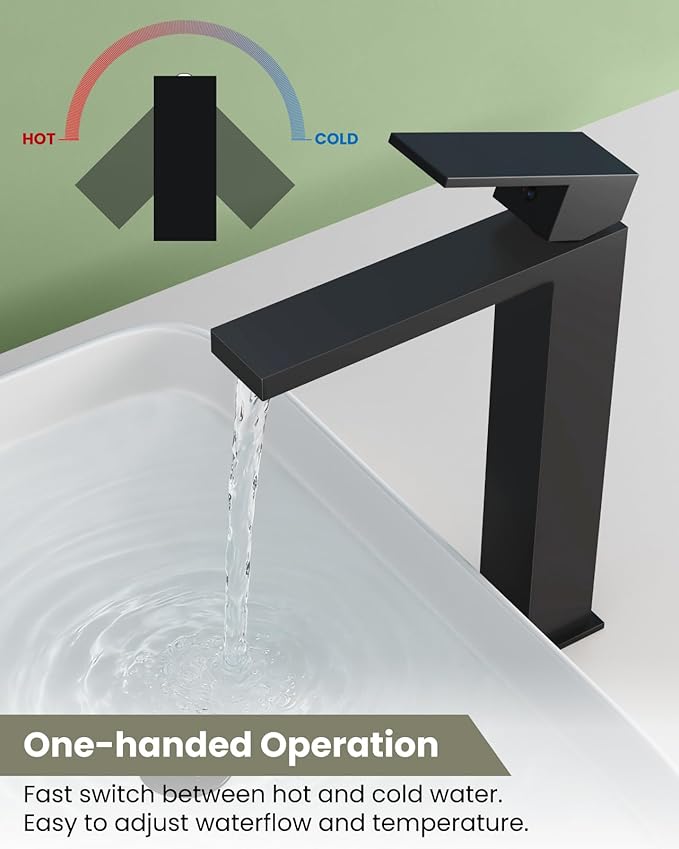 gotonovo Vessel Sink Faucet Single Handle Tall Bathroom Faucet One Hole Modern Lavatory Vanity Basin Mixer Tap Matching Supply Hoses and Pop up Drain Without Overflow, Matte Black
