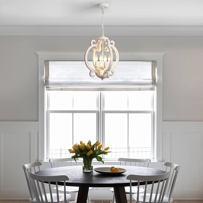 ALISADABOY Dining Room Chandelier Farmhouse Rustic White Wood Light Fixture Antique Orb Pendant Lighting for Kitchen Island Living Room Bedroom Entryway Foyer Staircase, 4 Light