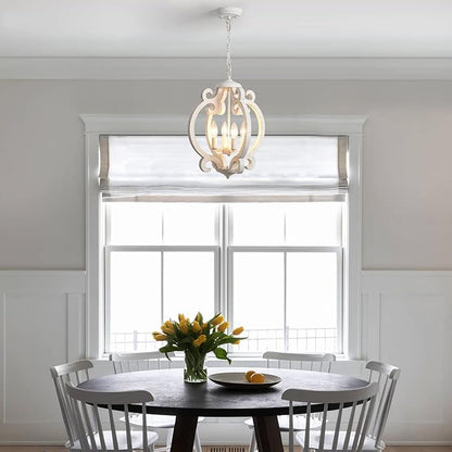 ALISADABOY Dining Room Chandelier Farmhouse Rustic White Wood Light Fixture Antique Orb Pendant Lighting for Kitchen Island Living Room Bedroom Entryway Foyer Staircase, 4 Light