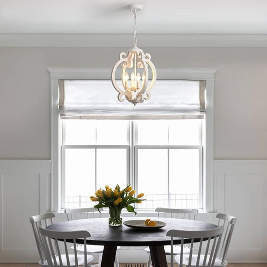 ALISADABOY Dining Room Chandelier Farmhouse Rustic White Wood Light Fixture Antique Orb Pendant Lighting for Kitchen Island Living Room Bedroom Entryway Foyer Staircase, 4 Light