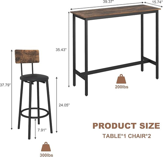 Vibe & Dine Bar Table and Chairs Set, Counter Height Dining Table & 2 PU Upholstered Stools with Backrest, Industrial 3 Piece Breakfast Bar Table for Kitchen, Living Room, Small Space
