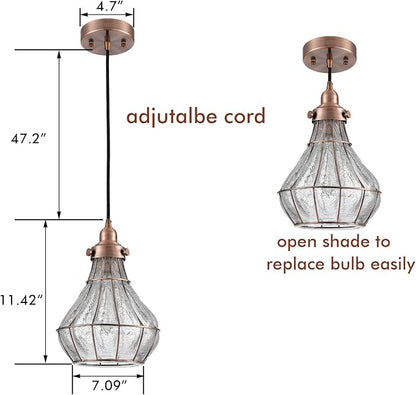 YUBOLE Copper Pendant Light with Cracked Glass Shade Vintage Kitchen Pendant Light Fixture E26 Based Red Antique Copper, Glass Hanging Light for Kitchen Dining Foyer