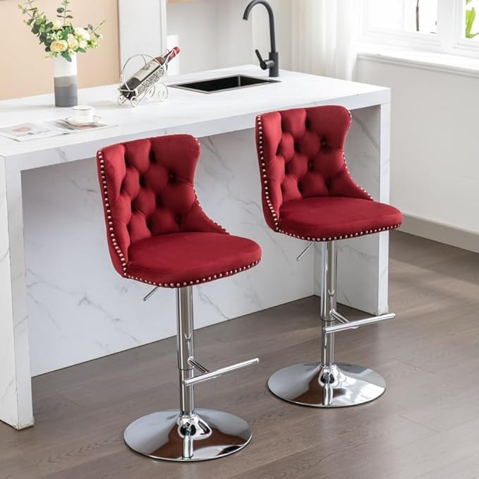 17.7 inch Base, Modern Upholstered Bar Stools with Backs Comfortable Tufted for Home Pub and Kitchen Island,Gray,Set of 2 (Foam + Burgundy + Velvet)