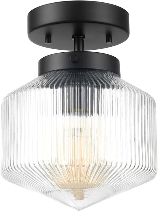 GLOBE Electric 66000078 1-Light Flush Mount Ceiling Light, Matte Black, Ribbed Clear Glass Shade, Modern Lighting for Bedroom, Living Room, Hallway, Kitchen, or Dining Room, Timeless Lights