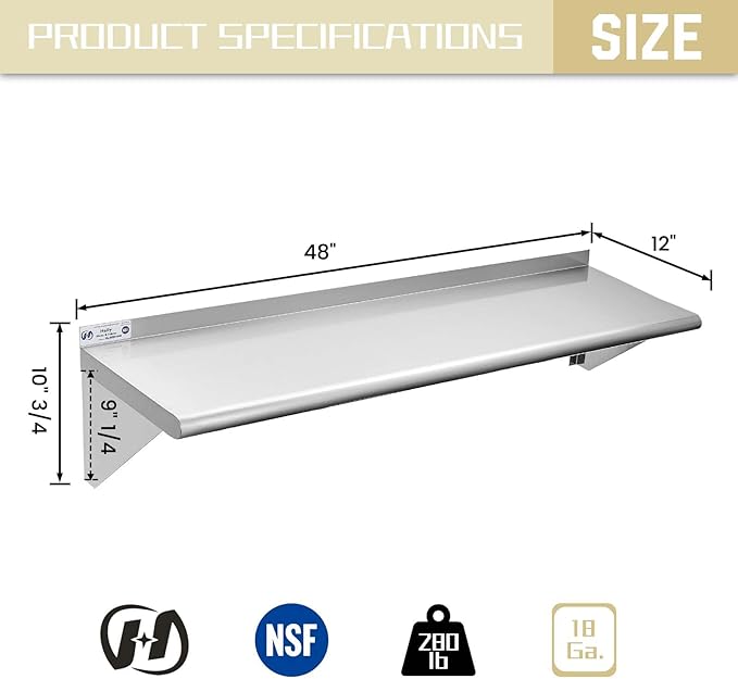 Hally Stainless Steel Shelf 12 x 48 Inches 280 lb, NSF Commercial Wall Mount Floating Shelving for Restaurant, Kitchen, Home and Hotel