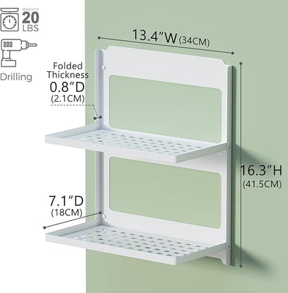 2-Tier Folding Metal Wall Shelf | Wall Mounted Stackable Floating Shelves | Fold Up 90° | Save Space | 13.4 Inch Wide | 2 Levels of Shelves for Laundry Room Bathroom Rv Utility Indoor (White)