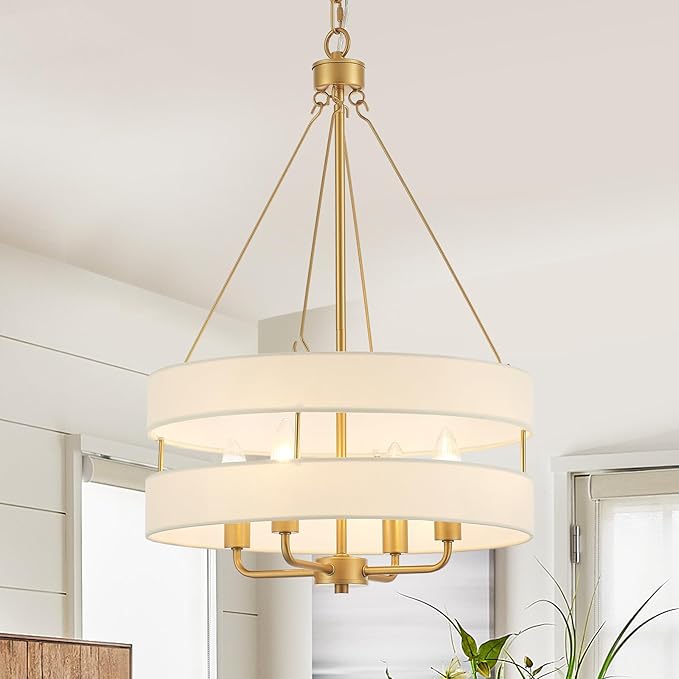 4-Light Rustic Drum Chandelier for Foyer, Gold Pendant Light Fixture with Fabric Shade, Modern Farmhouse Chandelier for Dining Room Entryway Bedroom