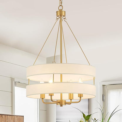 4-Light Rustic Drum Chandelier for Foyer, Gold Pendant Light Fixture with Fabric Shade, Modern Farmhouse Chandelier for Dining Room Entryway Bedroom