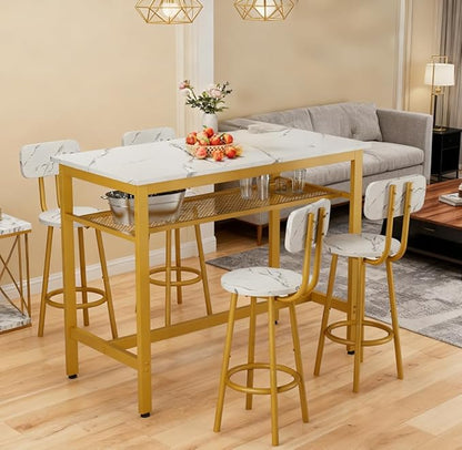 5 Piece Bar Table Set with 4 Stool Modern Bar Height with Storage Shelves Faux Marble Table Top with Gold Metal Frame Bar Table Set for Kitchen Dining Room Small Space