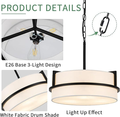 Modern Drum Chandelier for Dining Room 3 Light,15.7" Wide White Linen Drum Shade Ceiling Light Fixture,Pendant Lighting with Adjustble Hang Height Chandelier for Kitchen Islands Living Bedroom