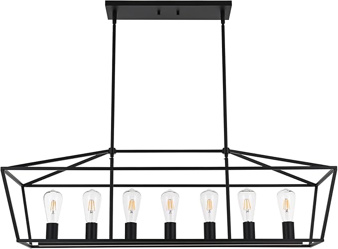 VINLUZ 38.4-Inch 7 Light Contemporary Dining Room Chandelier,Farmhouse Hanging Ceiling Kitchen Island Lighting in Matte Black Finish Rectangle Modern Pendant Light Adjustable Height