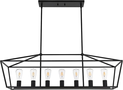 VINLUZ 38.4-Inch 7 Light Contemporary Dining Room Chandelier,Farmhouse Hanging Ceiling Kitchen Island Lighting in Matte Black Finish Rectangle Modern Pendant Light Adjustable Height