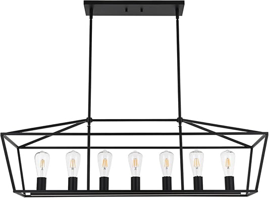 VINLUZ 38.4-Inch 7 Light Contemporary Dining Room Chandelier,Farmhouse Hanging Ceiling Kitchen Island Lighting in Matte Black Finish Rectangle Modern Pendant Light Adjustable Height