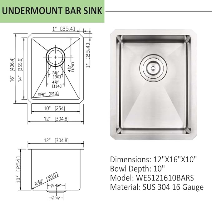 12 Inch Undermount Stainless Steel Bar Sink- Wesliv 12x16 Undermount Small Bar Kitchen Sinks 16 Gauge Stainless Steel Outdoor Rv Wet Sinks with Bottom Grid & Drain
