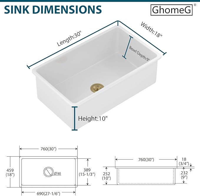 White Undermount Kitchen Sink 30 Inch Porcelain White Kitchen Sink 30"x18"x10" Dual Mount Single Bowl Ceramic Kitchen Sinks - Gold Drain Set