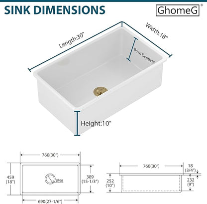 White Undermount Kitchen Sink 30 Inch Porcelain White Kitchen Sink 30"x18"x10" Dual Mount Single Bowl Ceramic Kitchen Sinks - Gold Drain Set