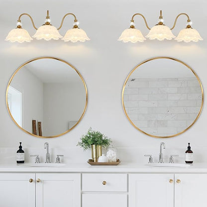 Vintage Bathroom Vanity Light, 3-Light Matte Brass Finish Vanity Light with Floral White Glass Shades, Retro Wall Sconce for Bathroom, Dressing Table