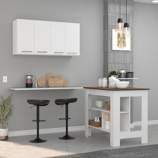 5 Shelf 4 Door 2 Kitchen Set, Kitchen Island and Upper Wall Cabinet White and Walnut RZ252