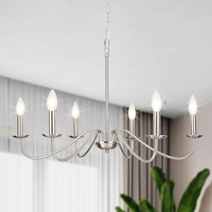 6-Light Brushed Nickel Chandelier, Modern Candle Chandelier Light Fixture, 27.5'' Contemporary Dining Room Chandelier for Kitchen Island Living Room Entryway Foyer