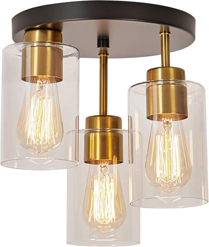 Black and Gold Flush Mount Ceiling Light 3-Light Black Semi Ceiling Light Fixture with Clear Glass Shades, Farmhouse Industrial Gold Brass Kitchen Ceiling Lights for Hallway Entryway Bedroom