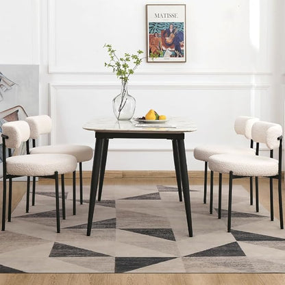 EDWELL White Dining Chairs Set of 4, Modern Dining Room Chairs with 3.94“ Cushions and Metal Legs, Round Upholstered Kitchen Dining Chairs, Ergonomic Backrest Boucle Chairs for Kitchen, Living Room