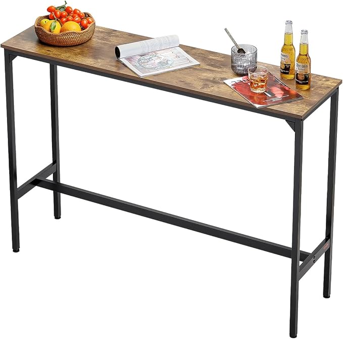 VEVOR Bar Table, Sturdy Metal Frame High Top Pub Table, Narrow Long Kitchen Dining, Cocktail Counter Bar Height Desk, Easy to Assemble, 55x15x39 in, for Living Room Party, Rustic Brown and Black