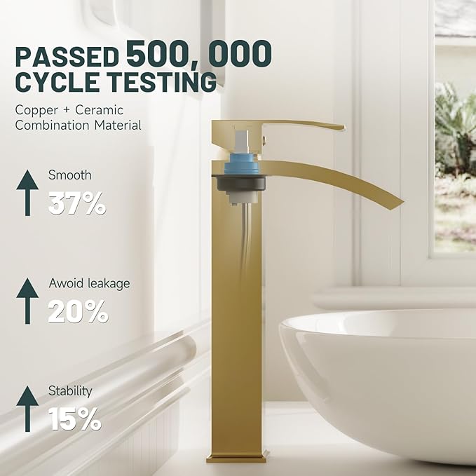 Brushed Gold Vessel Sink Faucet, Greenspring Waterfall Bathroom Faucets, Tall Spout Single Handle Single Hole Bathroom Faucets with Pop Up Drain and Without Overflow Basin Faucet Supply Line