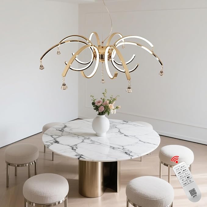 Large Crystal Chandelier 33 Inch 8-Light, Modern Gold Chandelier with Adjustable Height, Dimmable Remote Control LED Chandelier, K9 Crystal Lighting Fixture for Living Room Dining Room Foyer