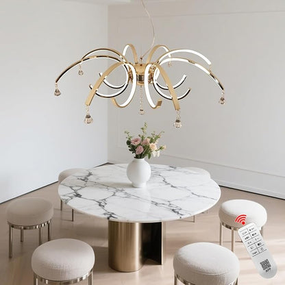 Large Crystal Chandelier 33 Inch 8-Light, Modern Gold Chandelier with Adjustable Height, Dimmable Remote Control LED Chandelier, K9 Crystal Lighting Fixture for Living Room Dining Room Foyer